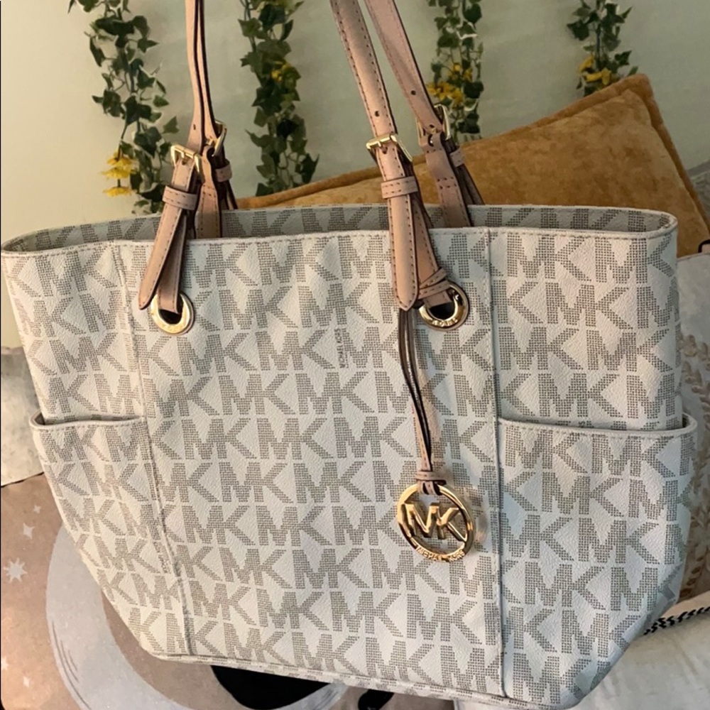 White + Tan Michael Kors Tote Bag